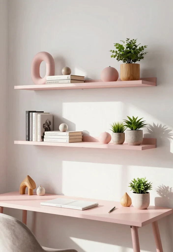 29 Pink Home Office Ideas Whimsical and Feminine Workspace - 8. Minimalist Pink Shelving 1
