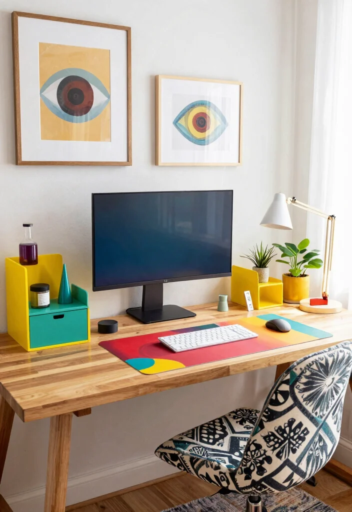 29 Wood Desk Home Office Ideas: Warm and Natural Workspace - 11. Colorful Accents 1