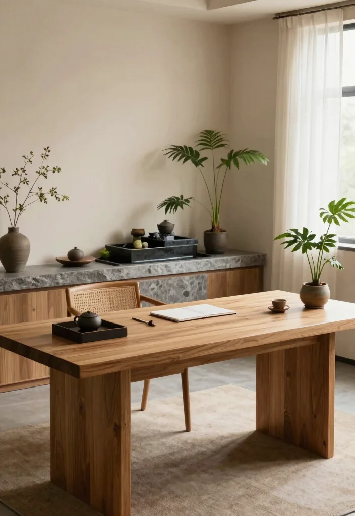 29 Wood Desk Home Office Ideas: Warm and Natural Workspace - 15. Zen-Inspired Workspaces 1