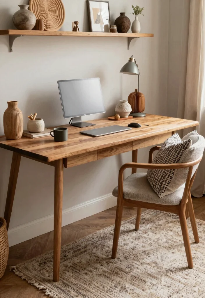 29 Wood Desk Home Office Ideas: Warm and Natural Workspace - 18. Layering Textures 1