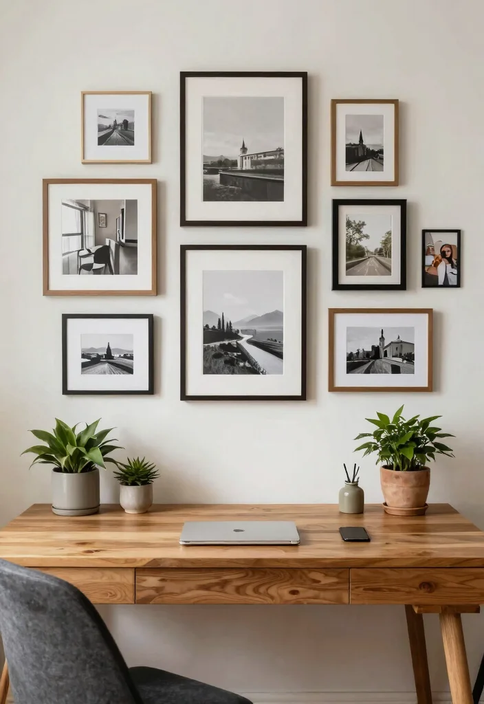 29 Wood Desk Home Office Ideas: Warm and Natural Workspace - 19. Wall Art Wonders 1