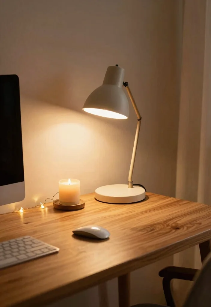 29 Wood Desk Home Office Ideas: Warm and Natural Workspace - 21. Warm Lighting Elements 1