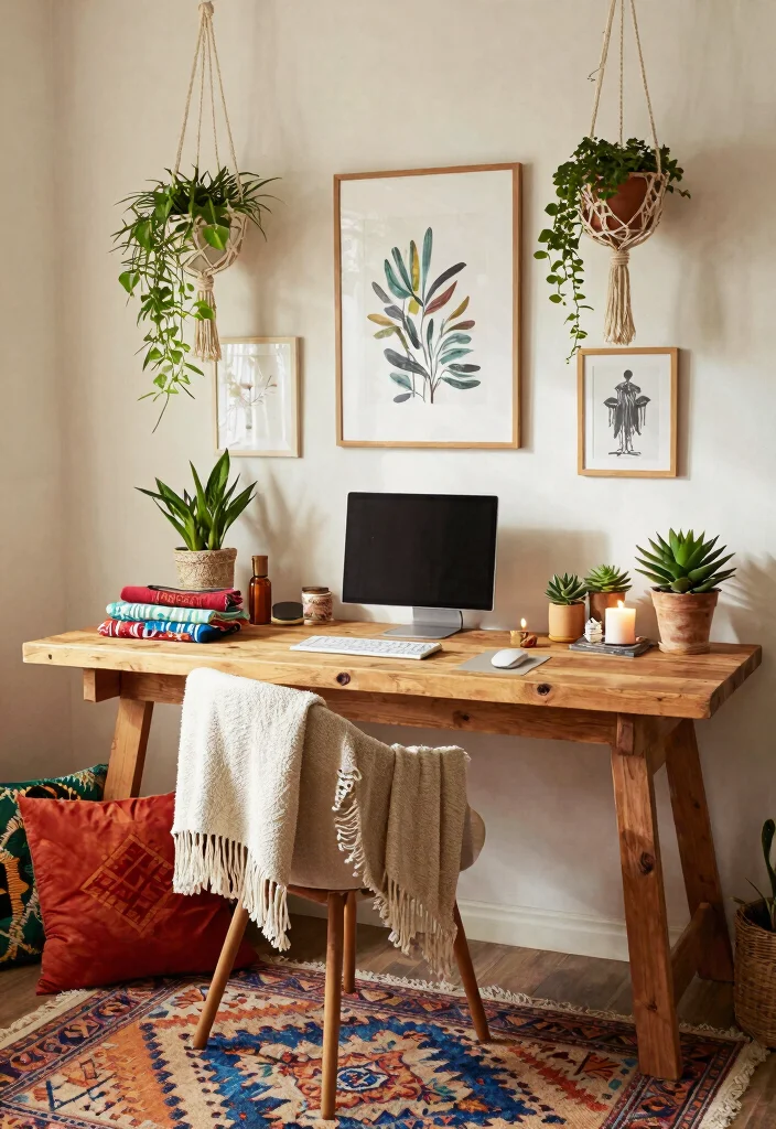 29 Wood Desk Home Office Ideas: Warm and Natural Workspace - 4. Cozy Bohemian Vibes 1