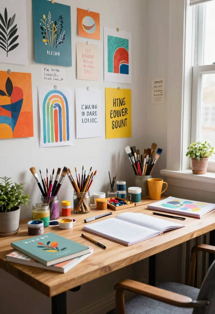 29 Wood Desk Home Office Ideas: Warm and Natural Workspace - 6. Artistic Inspiration Station 1