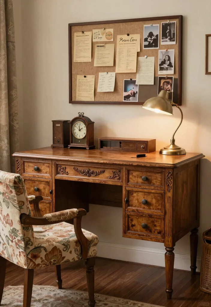 29 Wood Desk Home Office Ideas: Warm and Natural Workspace - 9. Vintage Touches 1