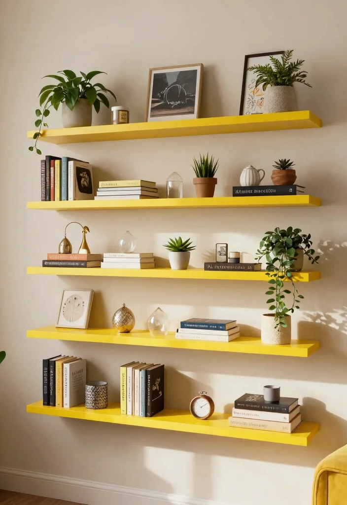 29 Yellow Home Office Ideas Bright and Cheerful - 13. Yellow Wall Shelves 1