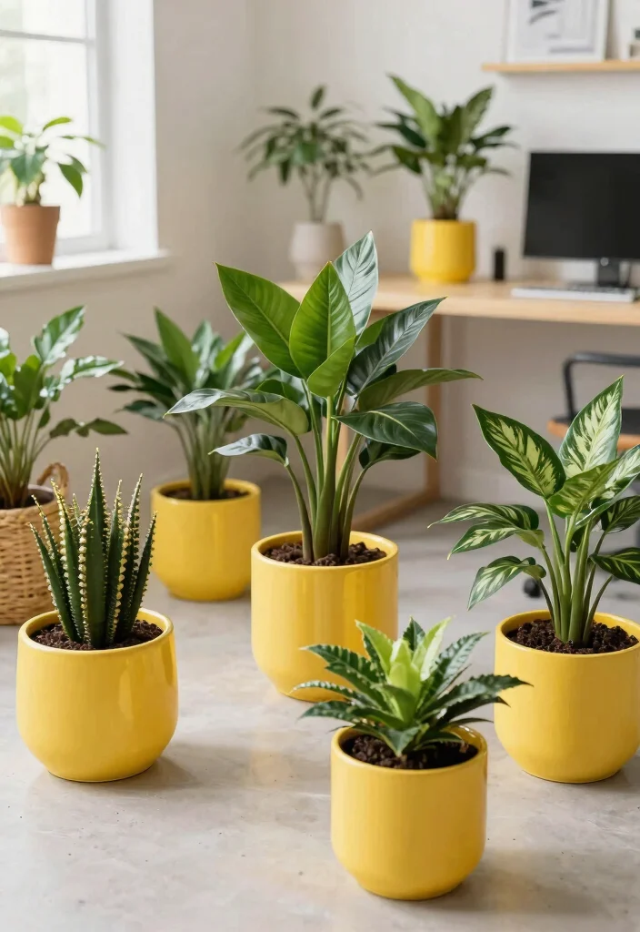29 Yellow Home Office Ideas Bright and Cheerful - 7. Yellow Planters and Greenery 1