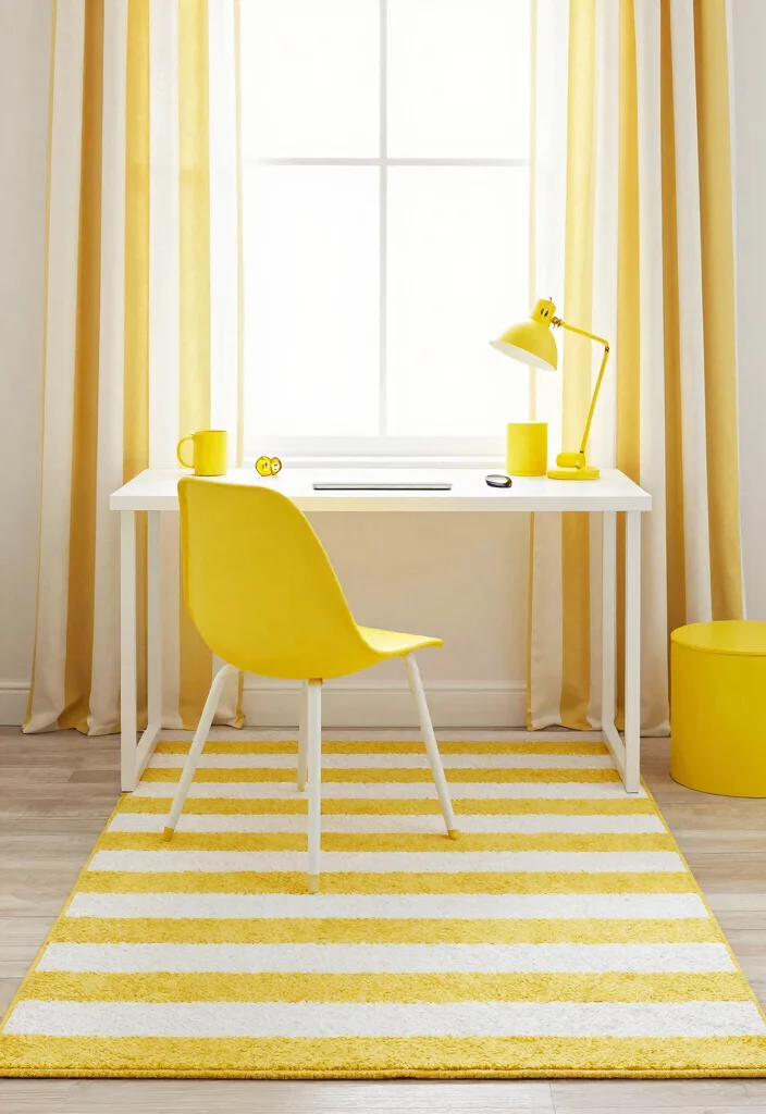 29 Yellow Home Office Ideas Bright and Cheerful - 9. Yellow and White Striped Theme 1