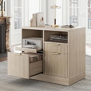 3 Drawer File Cabinet, Fluted Filing Cabinet for Home Office with Chargi...