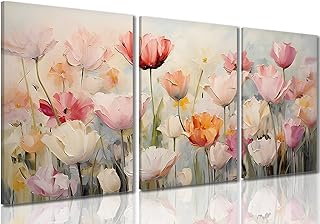 3 Piece Pink Tulip Canvas Wall Art Triptych, Pastel Floral Wall Decor, S...