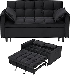 3 in 1 Convertible Sleeper Sofa Bed, Velvet Loveseat Futon Pull-Out Couc...