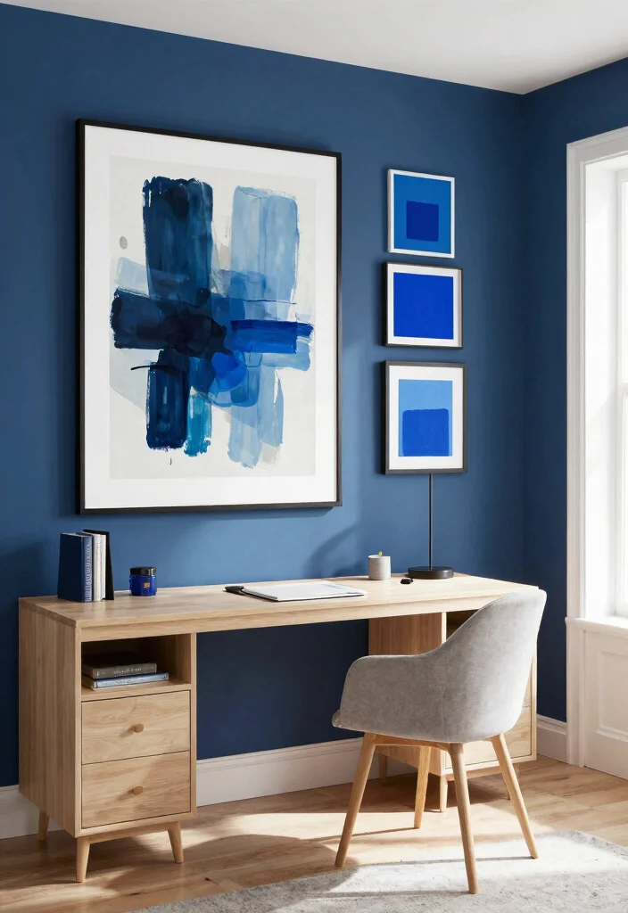 30 Blue Home Office Concepts: Calm and Creative Workspace - 12. Creative Blue Wall Art 1