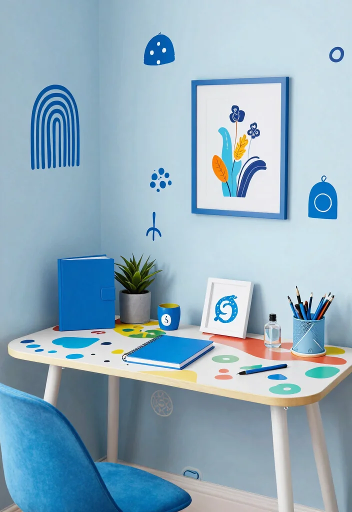 30 Blue Home Office Concepts: Calm and Creative Workspace - 15. Playful Blue Themes 1
