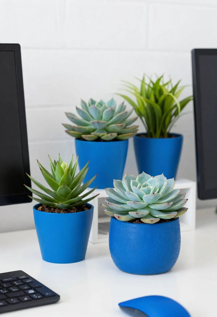 30 Blue Home Office Concepts: Calm and Creative Workspace - 16. Blue-Inspired Plant Aesthetics 1