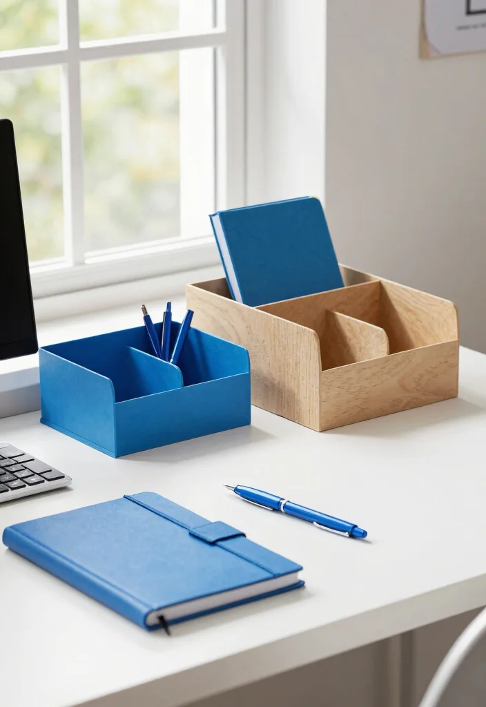 30 Blue Home Office Concepts: Calm and Creative Workspace - 18. Blue Office Supplies 1