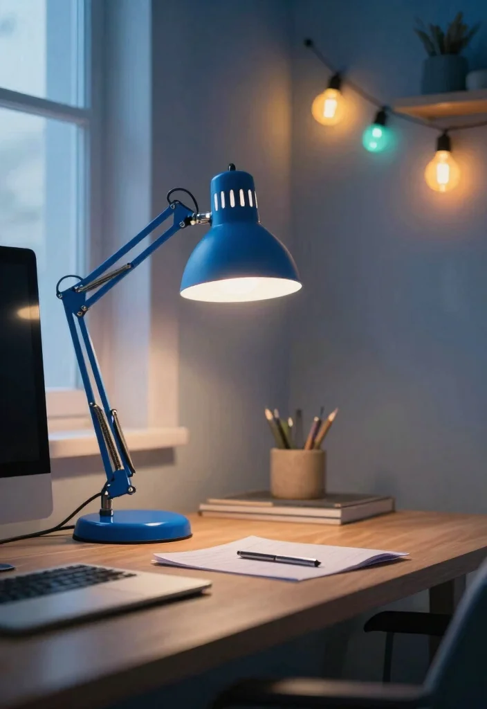 30 Blue Home Office Concepts: Calm and Creative Workspace - 19. Blue Lighting Fixtures 1