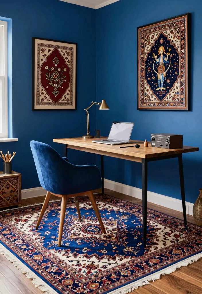 30 Blue Home Office Concepts: Calm and Creative Workspace - 21. Blue Cultural Influences 1