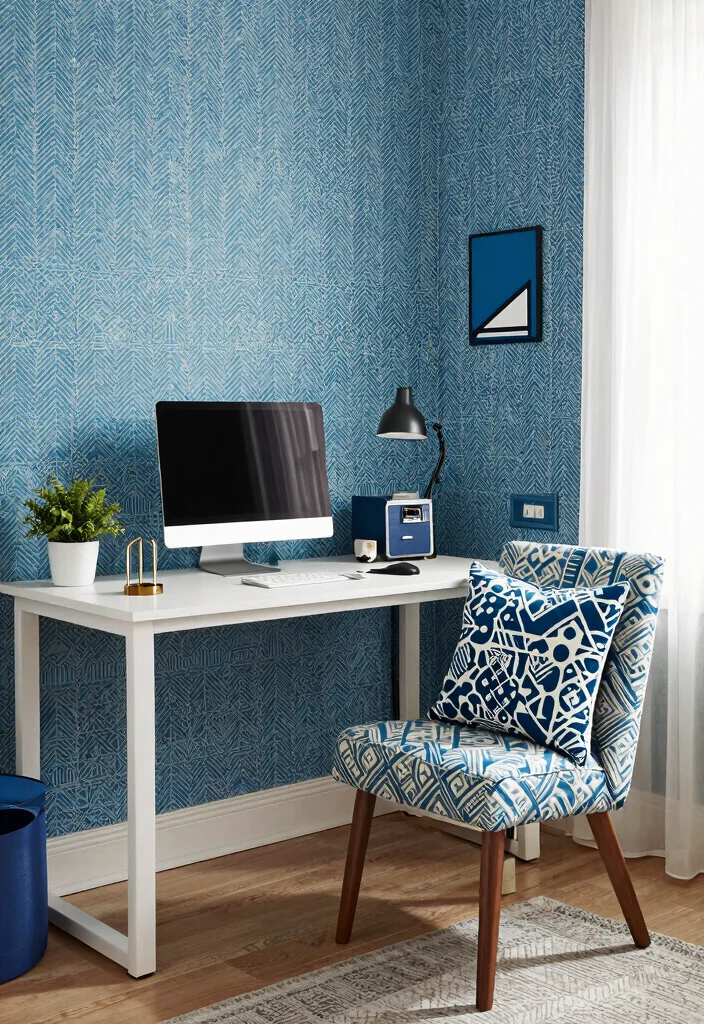 30 Blue Home Office Concepts: Calm and Creative Workspace - 24. Blue Pattern Play 1