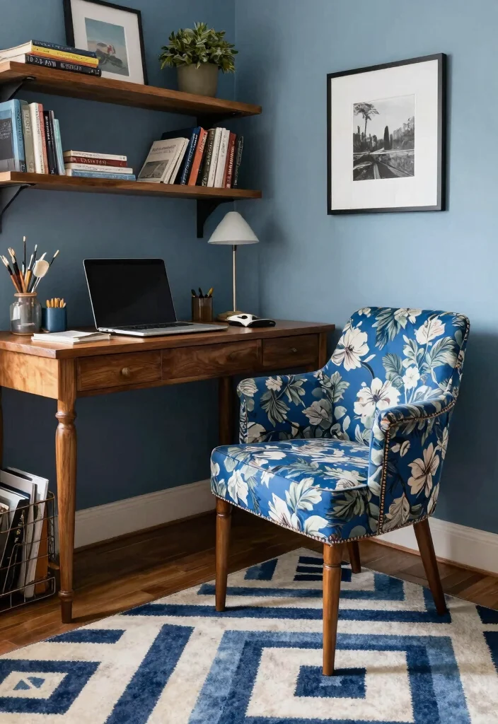 30 Blue Home Office Concepts: Calm and Creative Workspace - 26. Blue Eclectic Mix 1