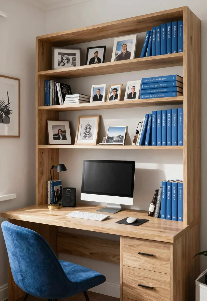 30 Blue Home Office Concepts: Calm and Creative Workspace - 27. Blue Personal Touches 1