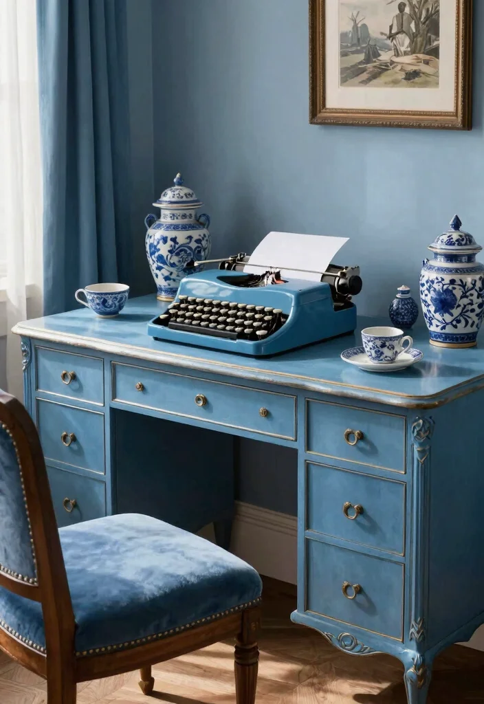 30 Blue Home Office Concepts: Calm and Creative Workspace - 4. Vintage Blue Charm 1