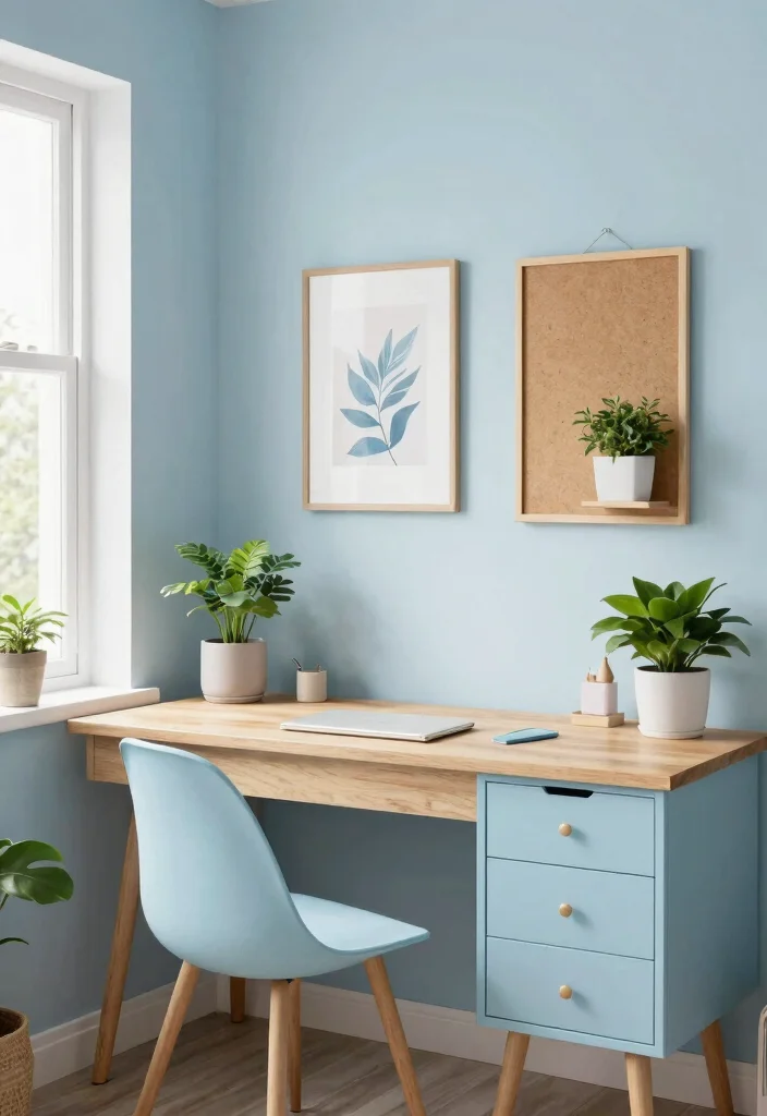 30 Blue Home Office Concepts: Calm and Creative Workspace - 5. Soft Sky Accents 1