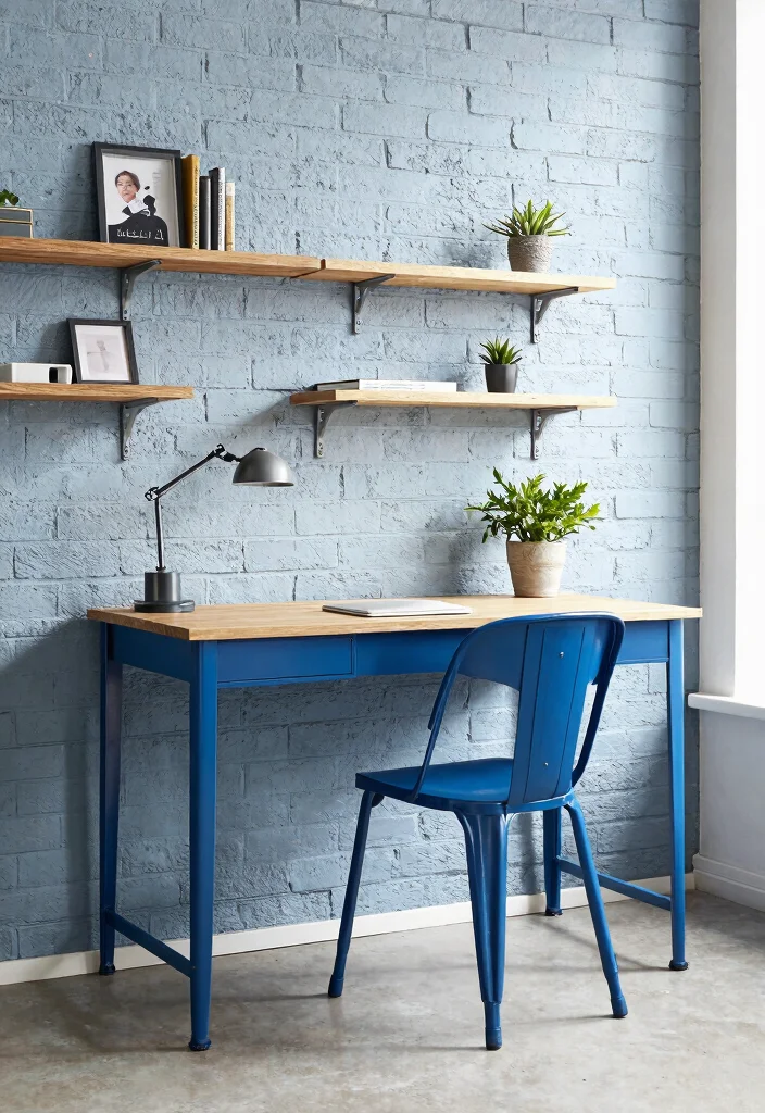 30 Blue Home Office Concepts: Calm and Creative Workspace - 7. Industrial Blue Aesthetic 1