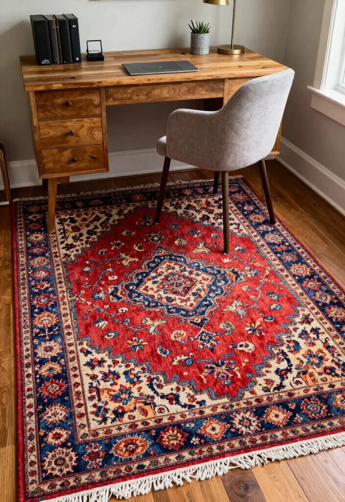 30 Cottage Home Office Ideas: Charming and Cozy Workspace - 11. Statement Rugs 1