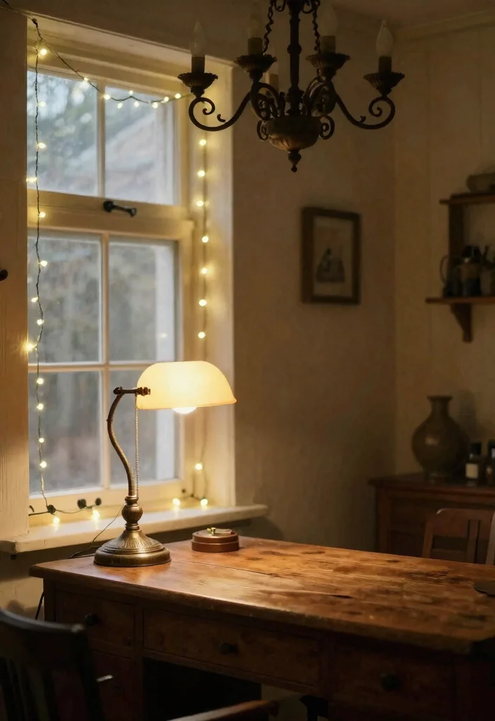 30 Cottage Home Office Ideas: Charming and Cozy Workspace - 5. Vintage-Inspired Lighting 1
