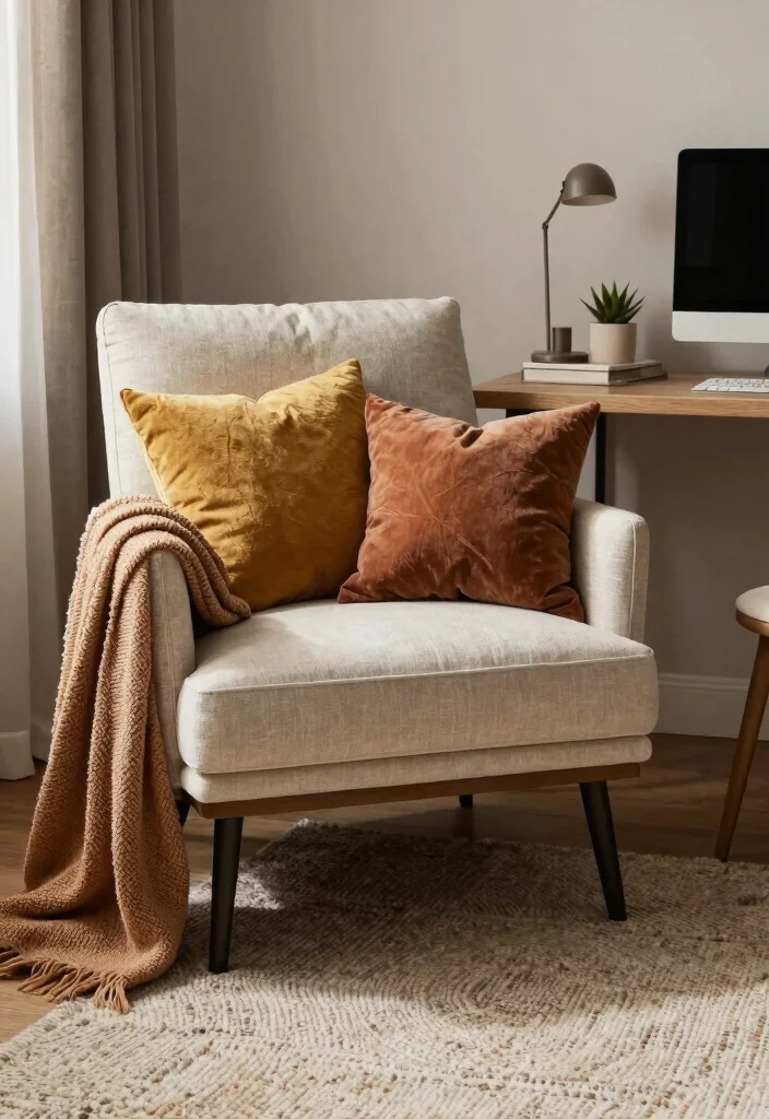 30 Cottage Home Office Ideas: Charming and Cozy Workspace - 8. Soft Textiles for Comfort 1