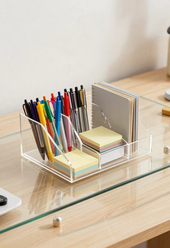 30 Glass Desk Office Decor Ideas Elegant and Minimal - 1. Clear Acrylic Desk Organizer 1