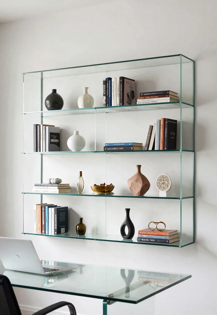 30 Glass Desk Office Decor Ideas Elegant and Minimal - 17. Glass Wall Shelves 1