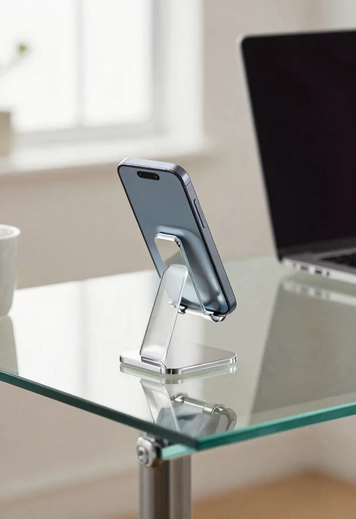 30 Glass Desk Office Decor Ideas Elegant and Minimal - 23. Glass Phone Stand 1