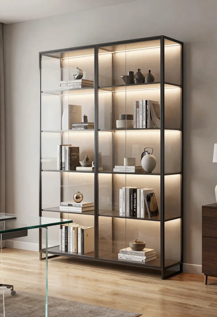 30 Glass Desk Office Decor Ideas Elegant and Minimal - 6. Glass-Fronted Bookshelf 1