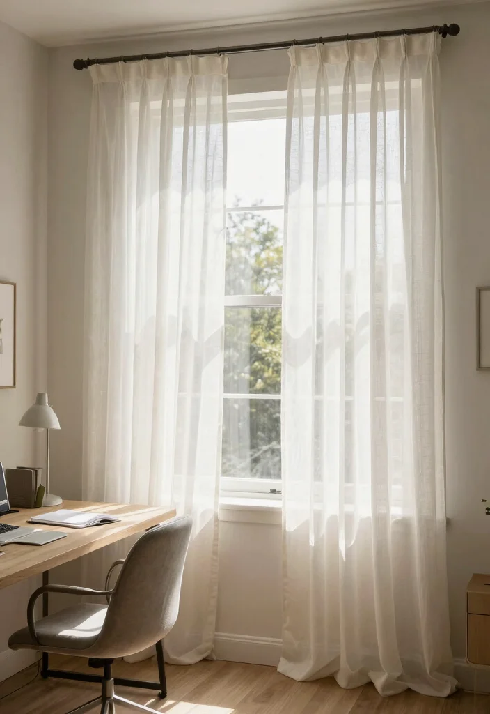 30 Home Office Furniture Ideas Stylish and Functional Picks - 20. Light and Airy Window Treatments 1