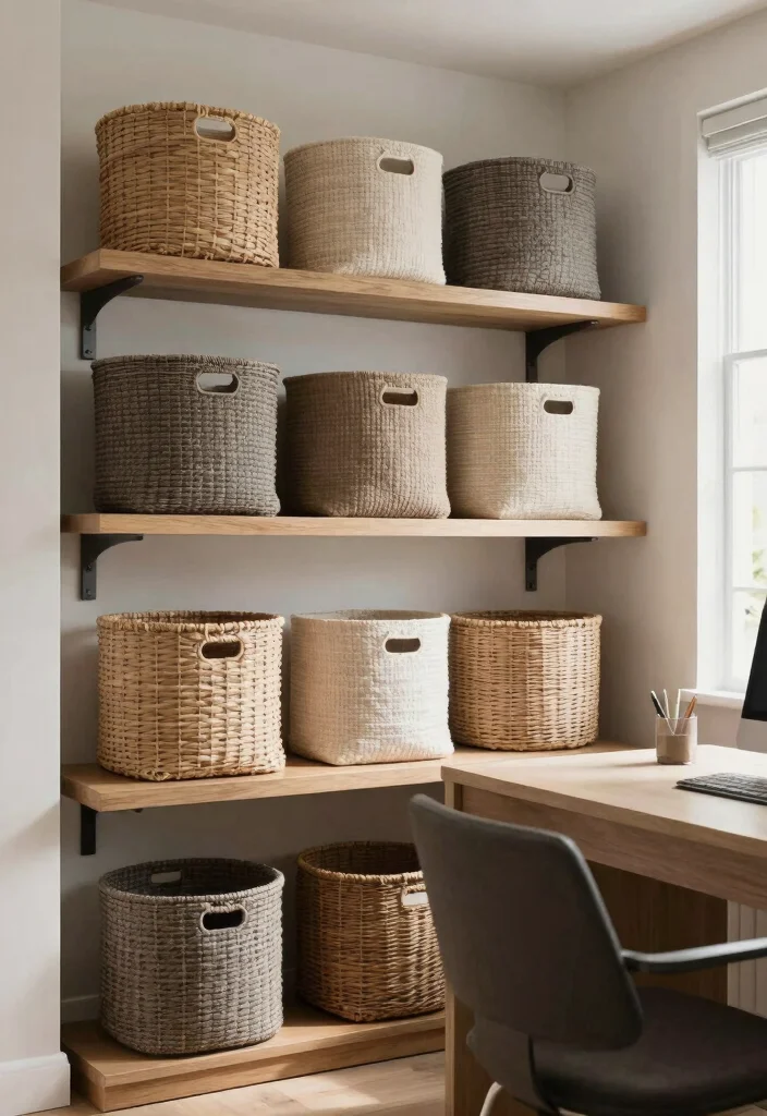 30 Home Office Furniture Ideas Stylish and Functional Picks - 24. Decorative Baskets for Storage 1