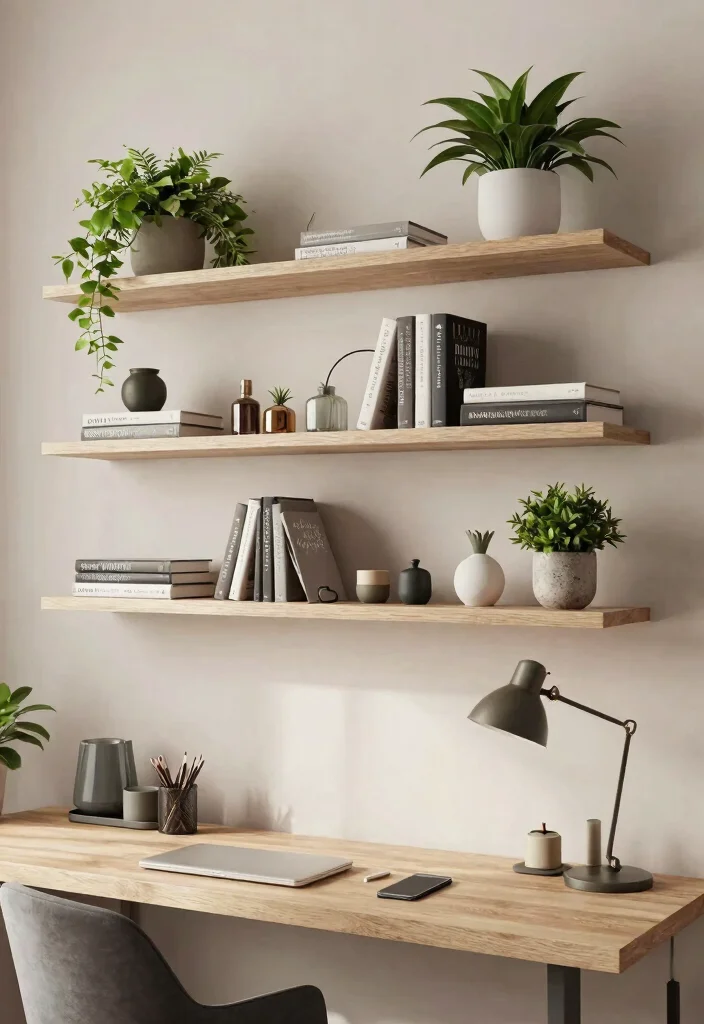 30 Home Office Furniture Ideas Stylish and Functional Picks - 3. Stylish Floating Shelves for Storage and Decor 1