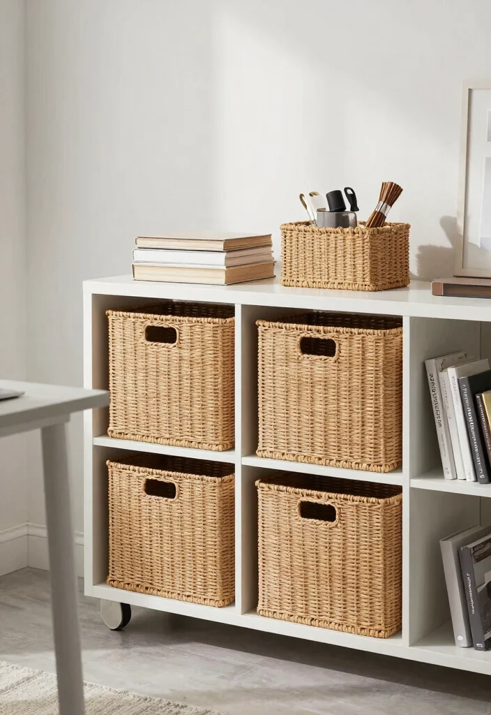 30 Home Office Library Ideas Dreamy Bookshelf Workspace - 16. Chic Storage Baskets 1