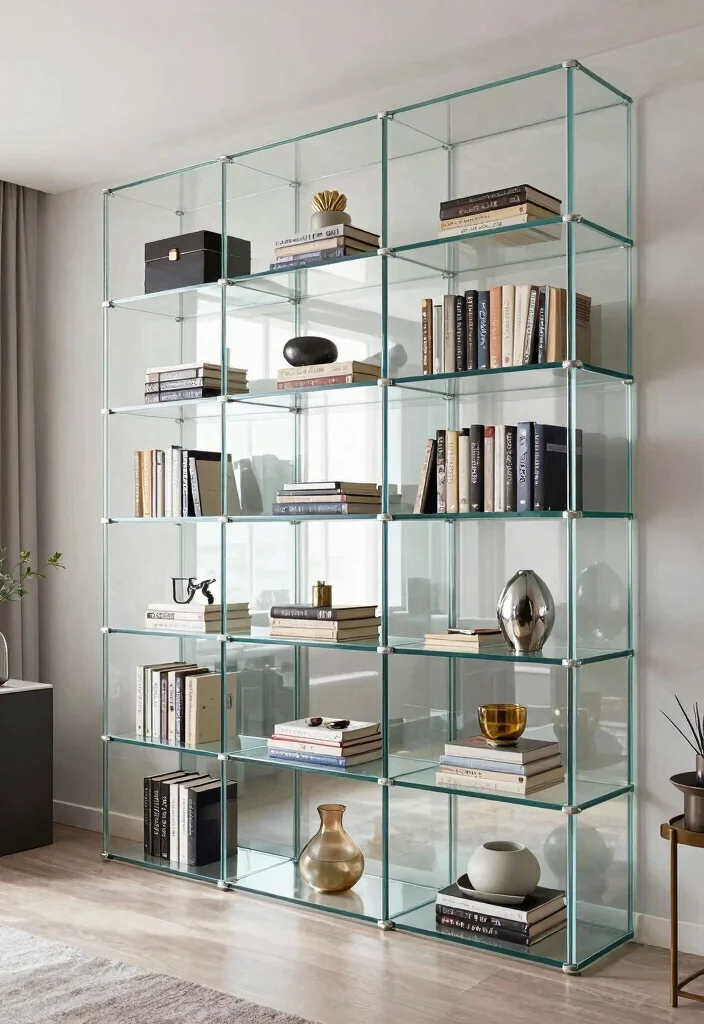 30 Home Office Library Ideas Dreamy Bookshelf Workspace - 21. Elegant Glass Shelving 1