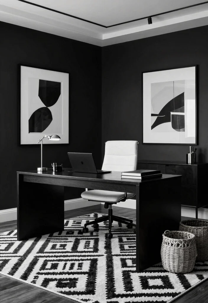 30 Lounge Office Room Ideas Where Comfort Meets Work - 20. Sophisticated Black and White 1