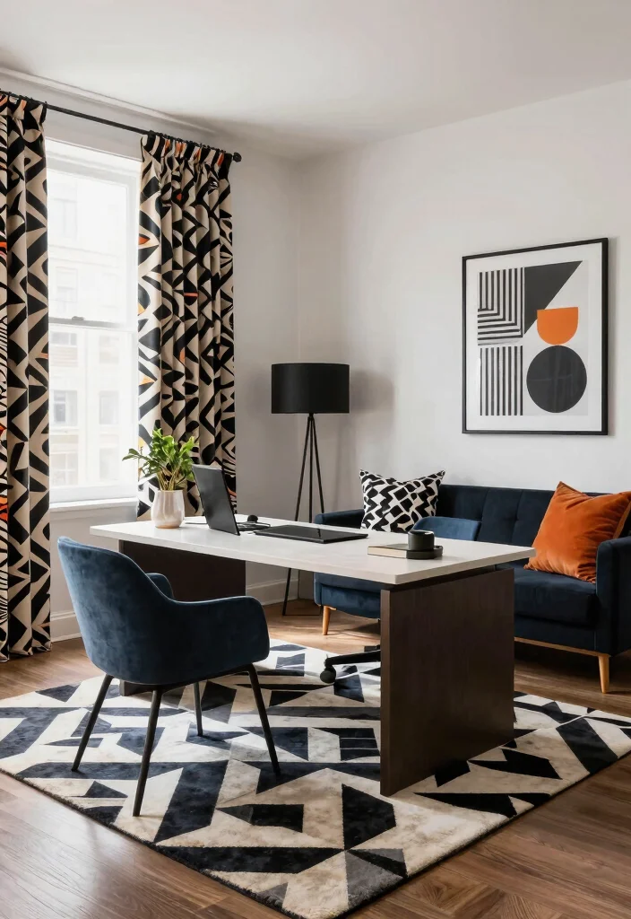 30 Lounge Office Room Ideas Where Comfort Meets Work - 26. Bold Geometric Patterns 1