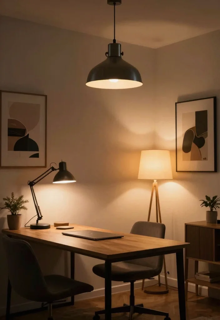 30 Lounge Office Room Ideas Where Comfort Meets Work - 9. Fun with Lighting 1