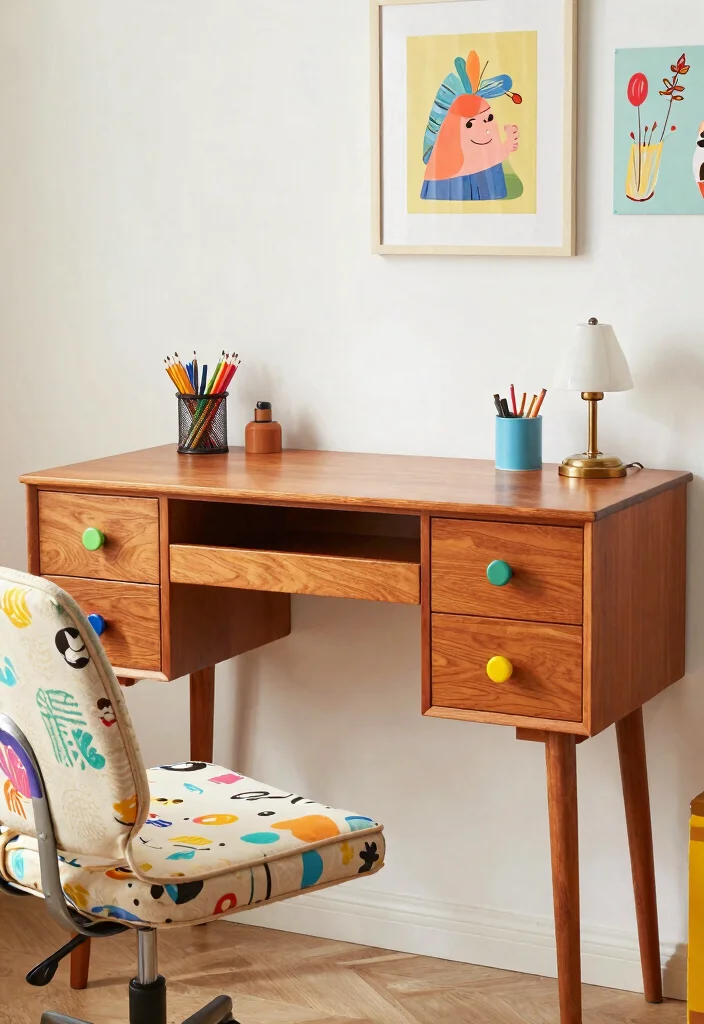 30 Mid Century Modern Desk Ideas Timeless Style at Home - 3. Retro Writing Desk with Unique Drawer Pulls 1