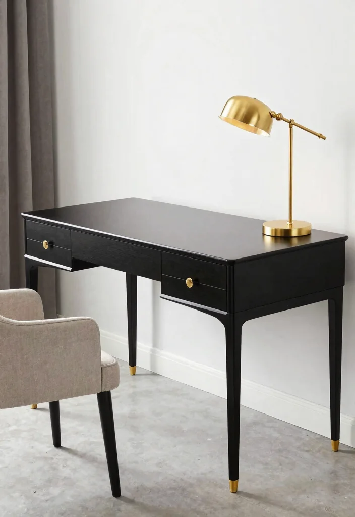 30 Mid Century Modern Desk Ideas Timeless Style at Home - 7. Sleek Black Desk with Golden Accents 1