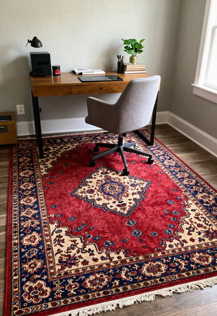 30 Modern Home Office Ideas: Sleek Spaces That Inspire - 24. Bold Patterned Rugs 1