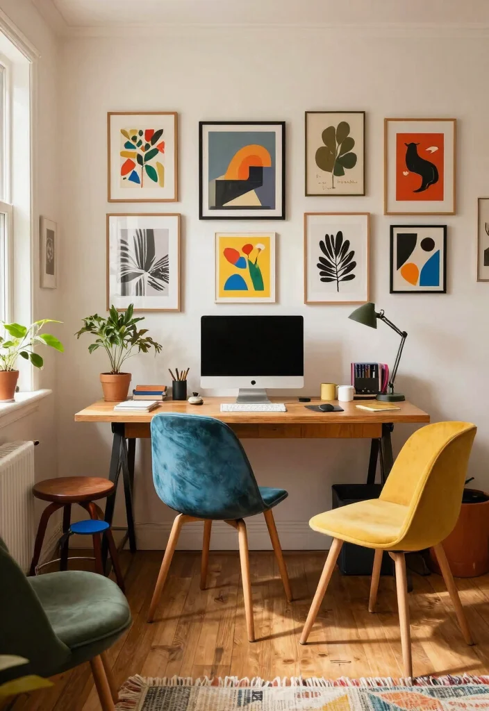 30 Office Display Wall Ideas Creative and Inspiring - 26. Mismatched Chairs & Art 1