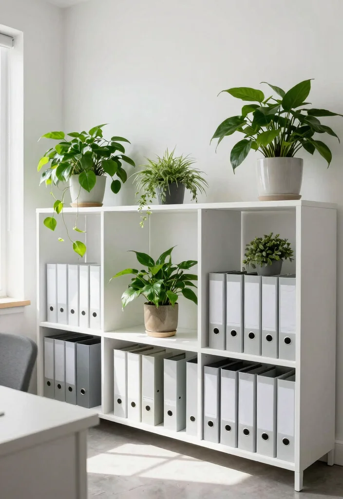 30 Office Files Arrangement Ideas Smart and Stylish - 19. Incorporate Plants for Organization 1