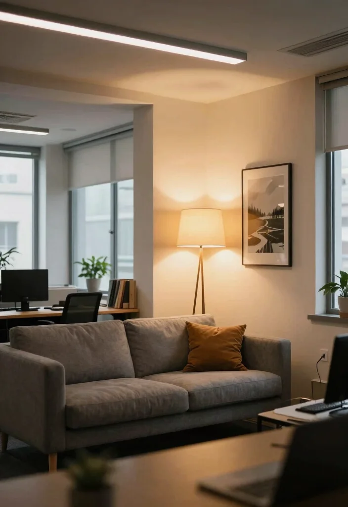 30 Office Sofa Design Concepts Cozy Seating for Your Space - 19. Layered Lighting with Sofas 1