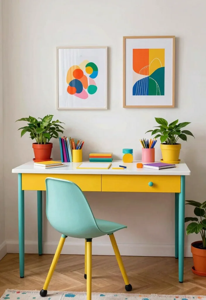 30 Office Table Ideas: Stylish Desks for Every Space - 13. Colorful Desk with Pops of Art 1