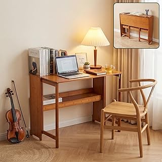 41'' Bamboo Folding Desk with Bookshelf, Space-Saving Computer Desk, Mid...